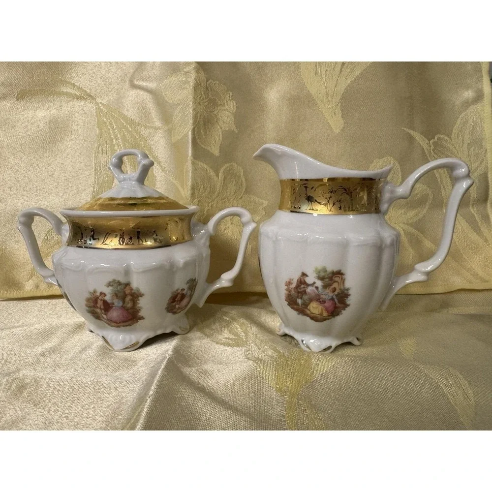 T Limoges Vizavi Oro Fragonard Sugar Bowl w Lid & Creamer 24K Gold Italy